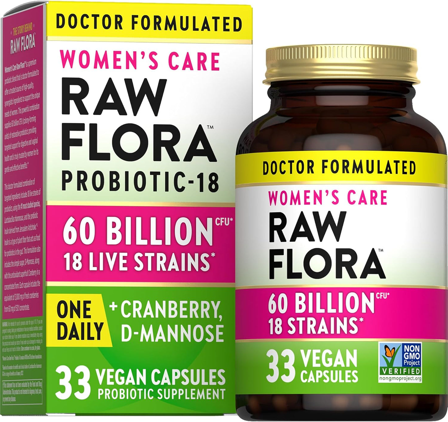 Nature's Truth Raw Flora Probiotics for Women - 60 Billion CFU - 33 Vegan Capsules with Cranberry & D-Mannose - Vegan & Gluten Free