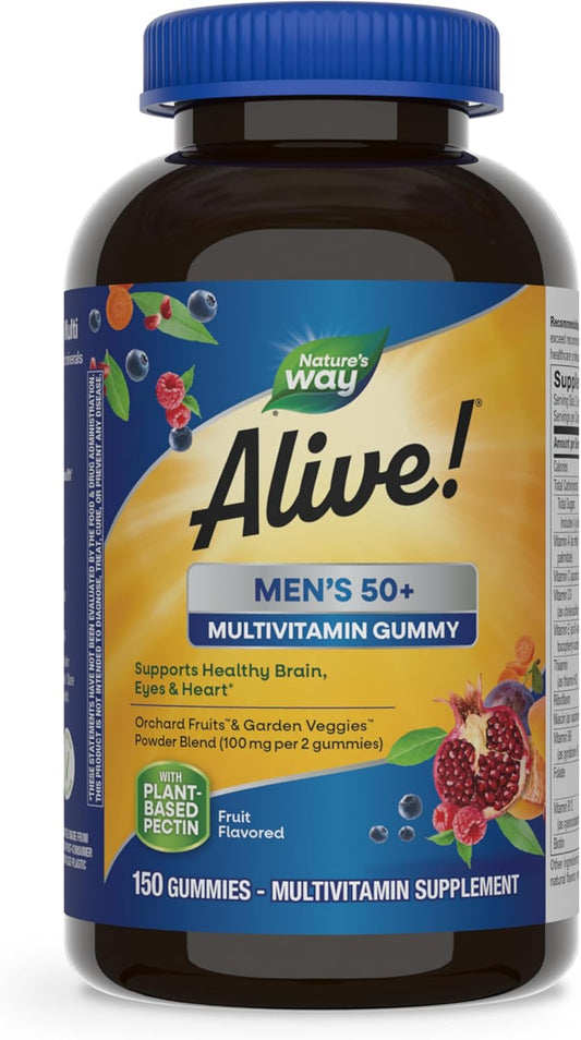 Nature's Way Alive! Men's 50+ Daily Gummy Multivitamins - 150 Fruit Flavored Gummies - Supports Brain, Eyes, and Heart - B-Vitamins - Gluten-Free & Vegetarian