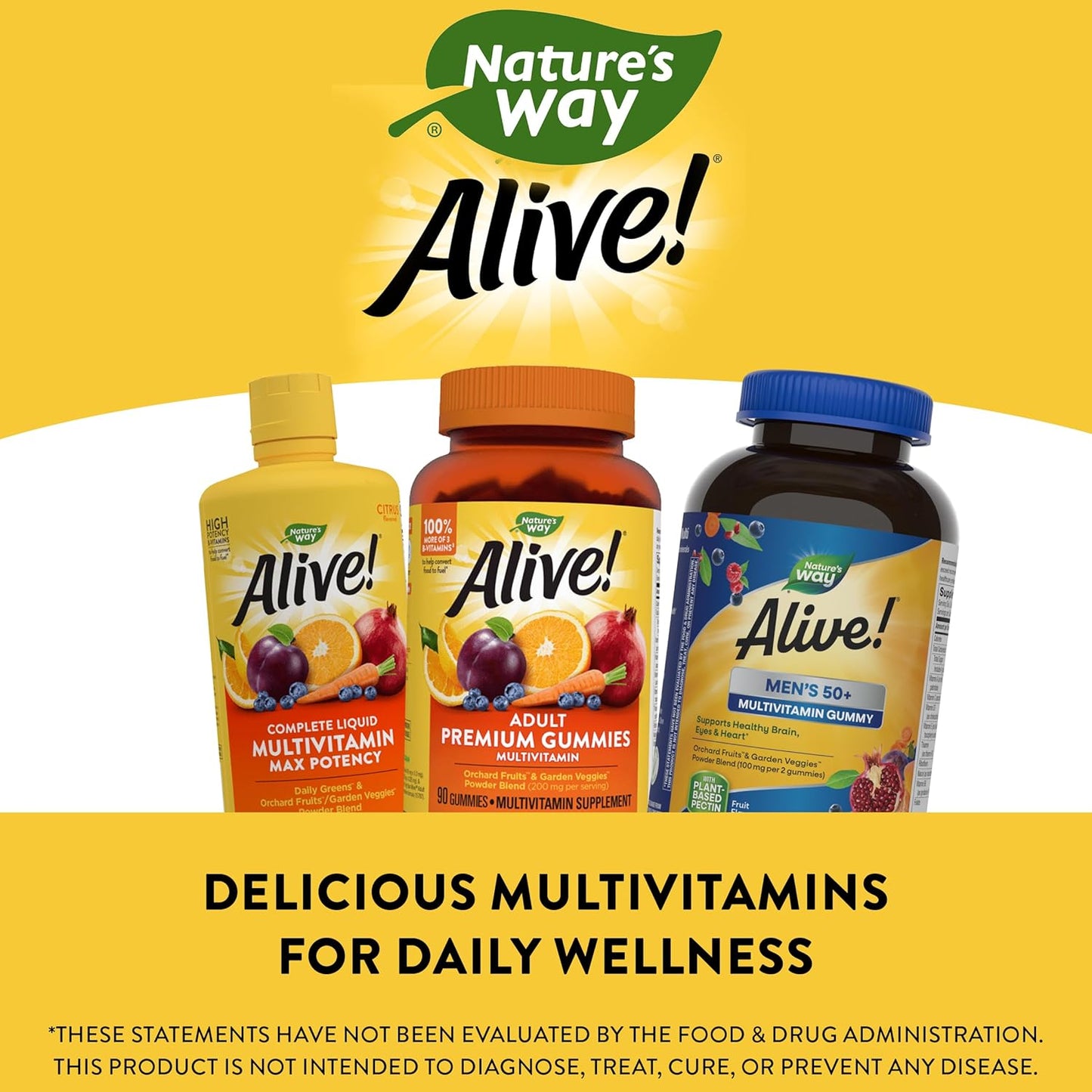Nature's Way Alive! Men's 50+ Daily Gummy Multivitamins - 150 Fruit Flavored Gummies - Supports Brain, Eyes, and Heart - B-Vitamins - Gluten-Free & Vegetarian