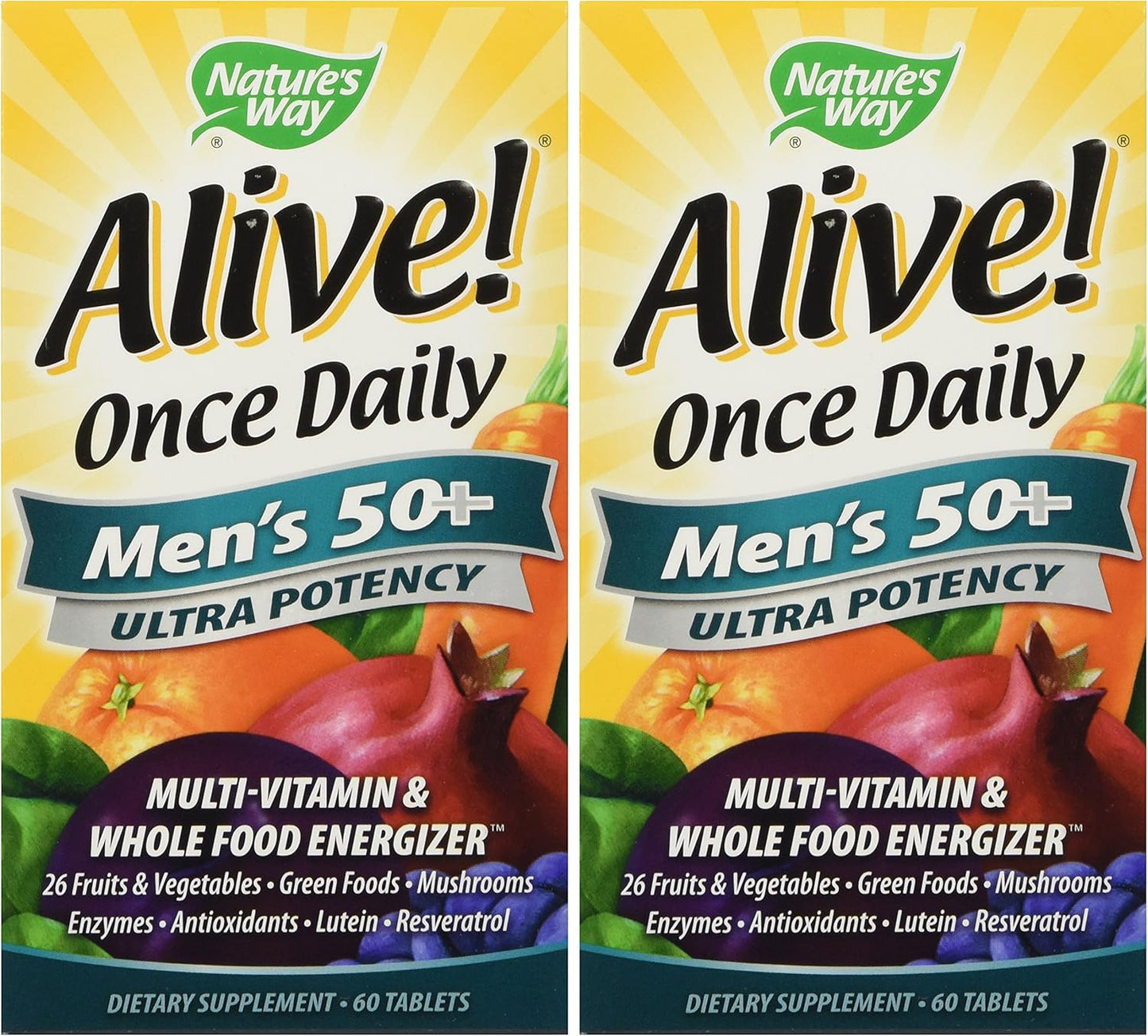 Nature's Way Alive! Men's 50+ Multivitamin, Ultra Potency, Food-Based Blends, 60 Tablets x 2 Pack, 291mg/serving