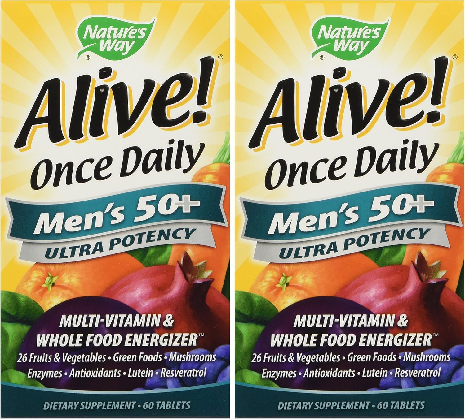 Nature's Way Alive! Men's 50+ Multivitamin, Ultra Potency, Food-Based Blends, 60 Tablets x 2 Pack, 291mg/serving