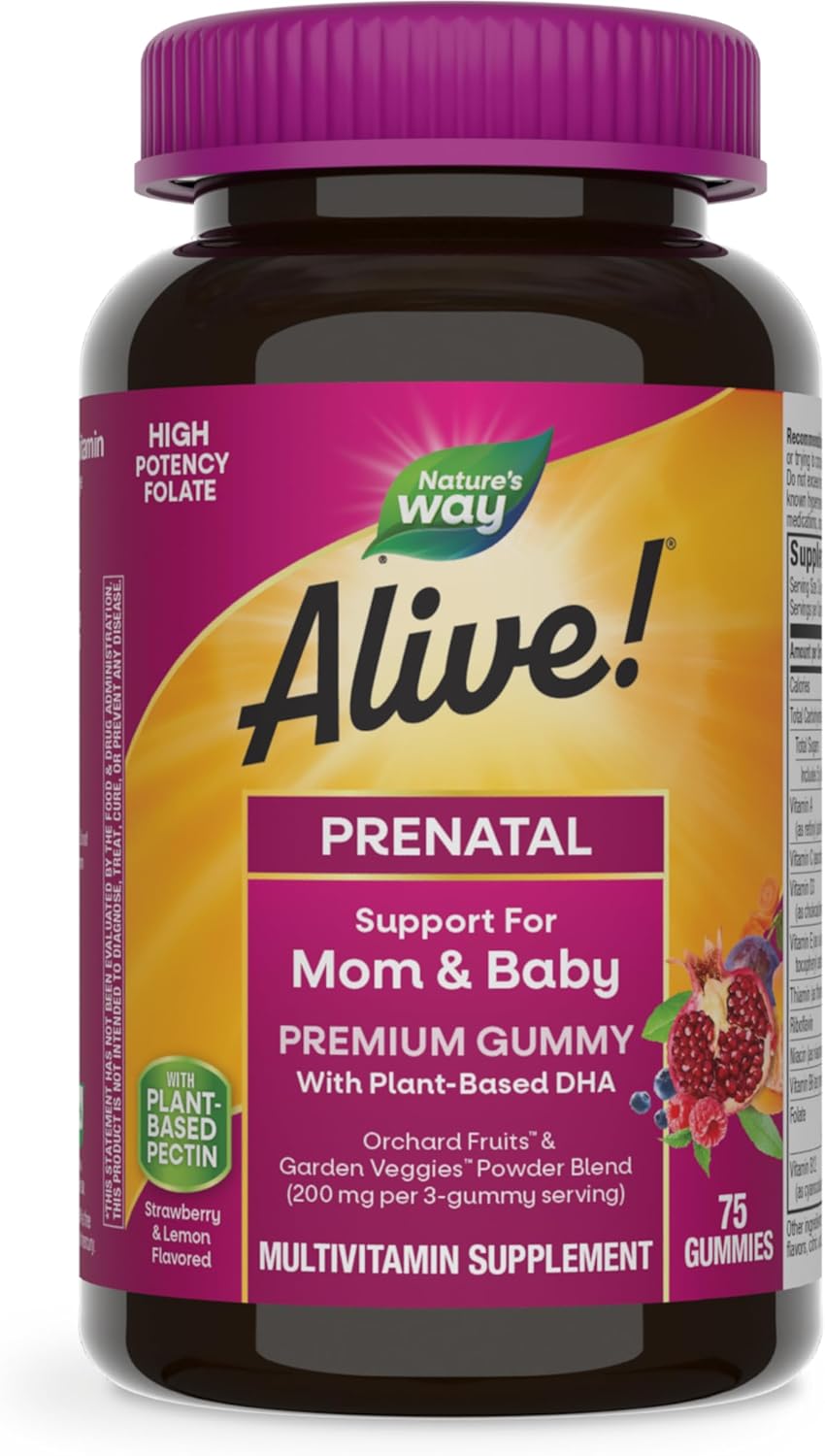 Nature's Way Alive! Prenatal Premium Gummy Multivitamin with High Potency Folate and Plant-Based DHA - 75 Vegetarian Gummies