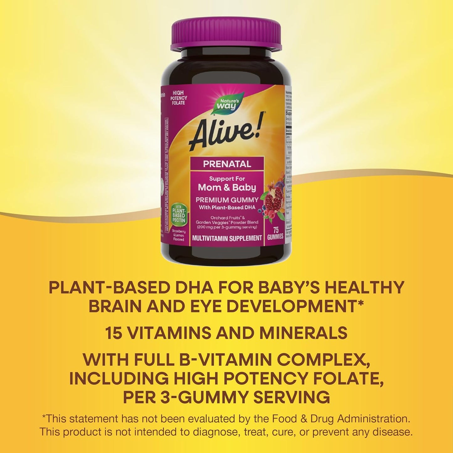 Nature's Way Alive! Prenatal Premium Gummy Multivitamin with High Potency Folate and Plant-Based DHA - 75 Vegetarian Gummies