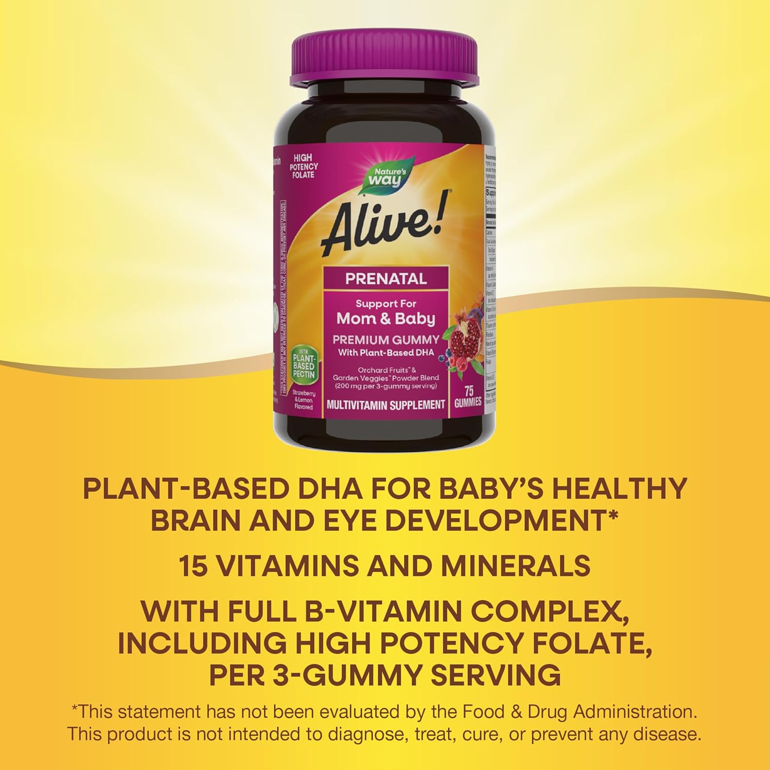 Nature's Way Alive! Prenatal Premium Gummy Multivitamin with High Potency Folate and Plant-Based DHA - 75 Vegetarian Gummies