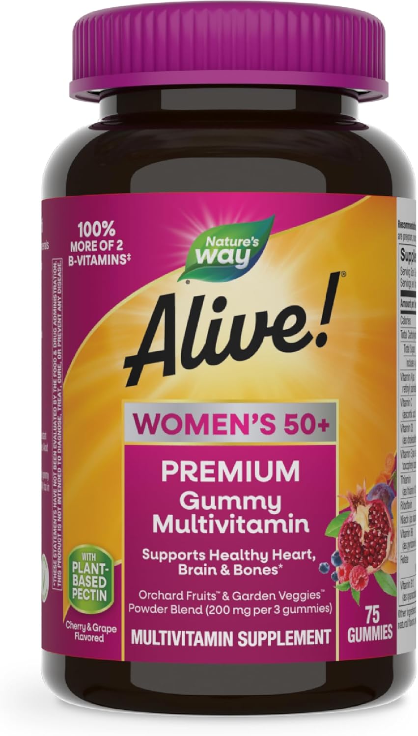 Nature's Way Alive! Women's 50+ Premium Gummy Multivitamin - Supports Heart, Brain, and Bones - B-Vitamins - Gluten-Free - Vegetarian - Grape and Cherry Flavored - 75 Gummies