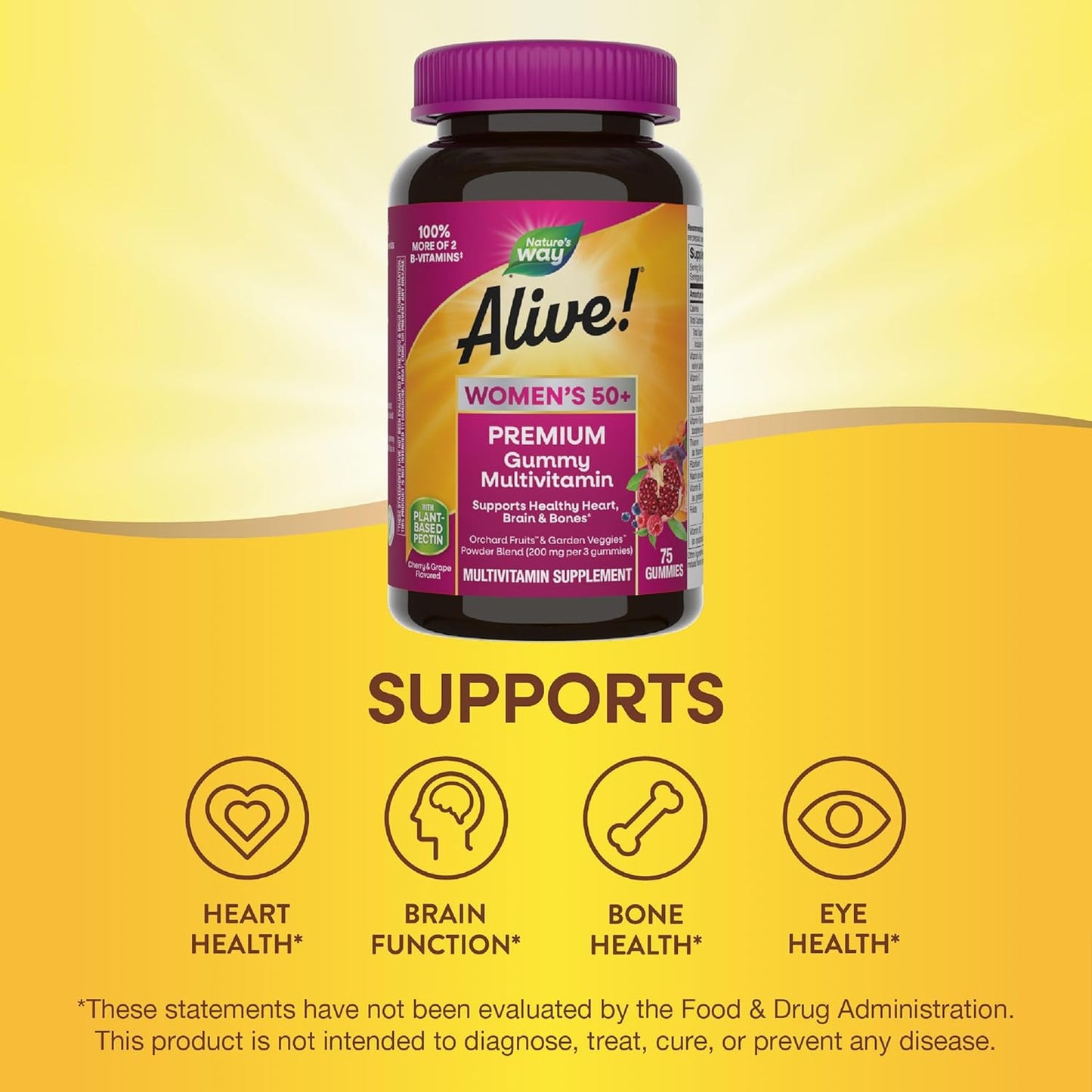 Nature's Way Alive! Women's 50+ Premium Gummy Multivitamin - Supports Heart, Brain, and Bones - B-Vitamins - Gluten-Free - Vegetarian - Grape and Cherry Flavored - 75 Gummies