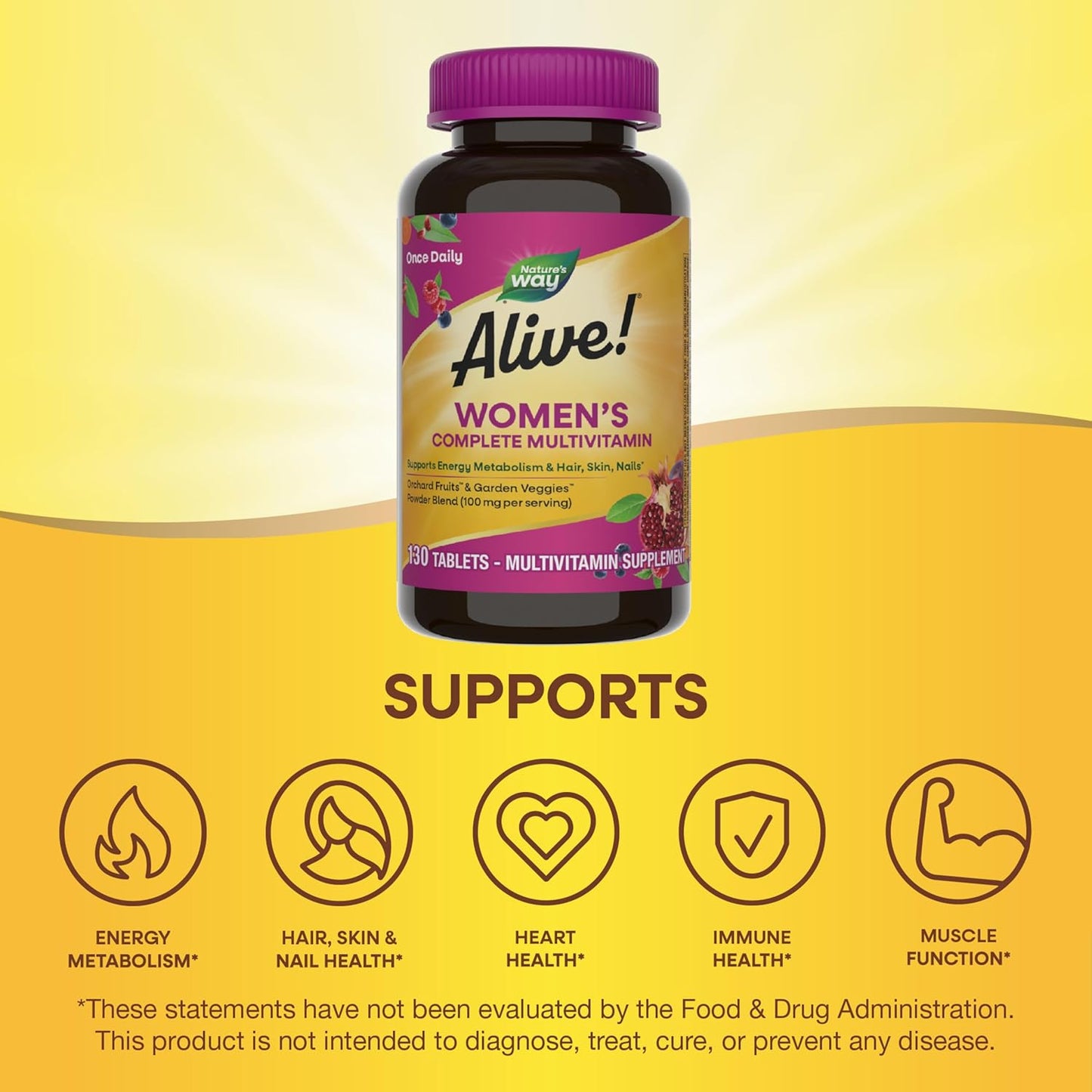 Nature's Way Alive Women's Multivitamin, 130 Tablets, Supports Energy Metabolism & Hair, Skin, Nails with B-Vitamins