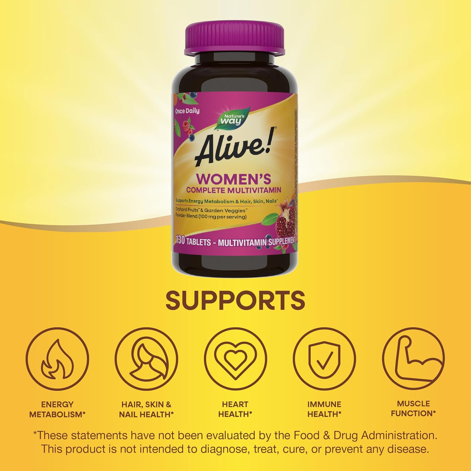 Nature's Way Alive Women's Multivitamin, 130 Tablets, Supports Energy Metabolism & Hair, Skin, Nails with B-Vitamins