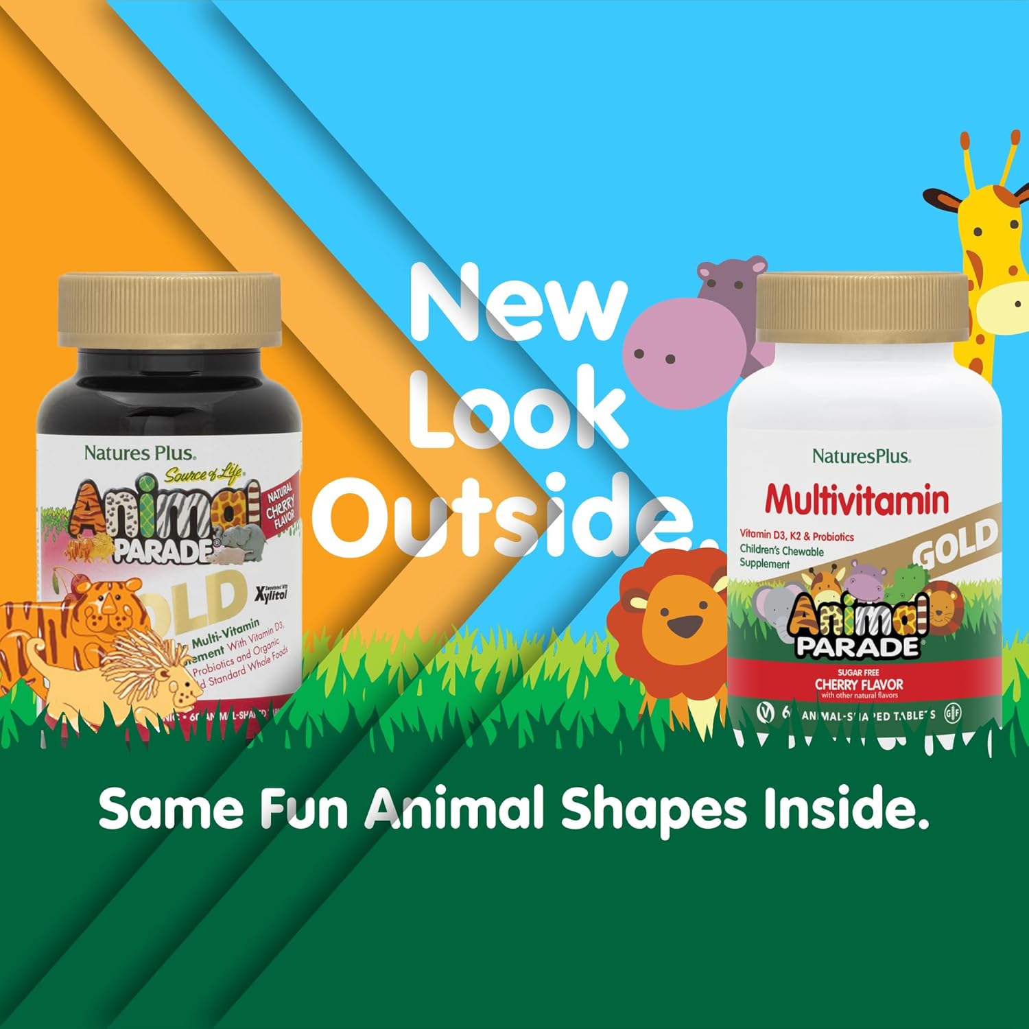 NaturesPlus Animal Parade Gold Children's Chewable Multivitamin - Cherry Flavor - 60 Tablets - Vitamin D3, K2, Probiotics - 30 Servings