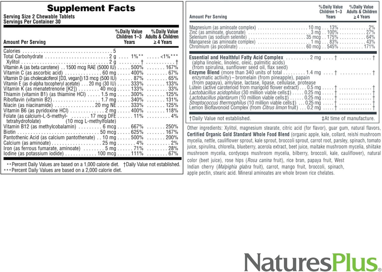 NaturesPlus Animal Parade Gold Children's Chewable Multivitamin - Cherry Flavor - 60 Tablets - Vitamin D3, K2, Probiotics - 30 Servings