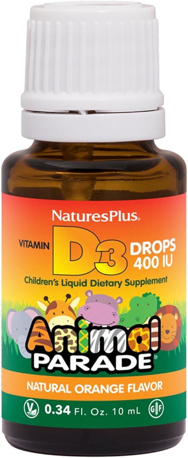 NaturesPlus Animal Parade Liquid Vitamin D3 Drops for Kids - 200 iu, 10 ML - Orange Flavor - Bone & Immune Health Support - Gluten-Free, Vegetarian - 365 Servings