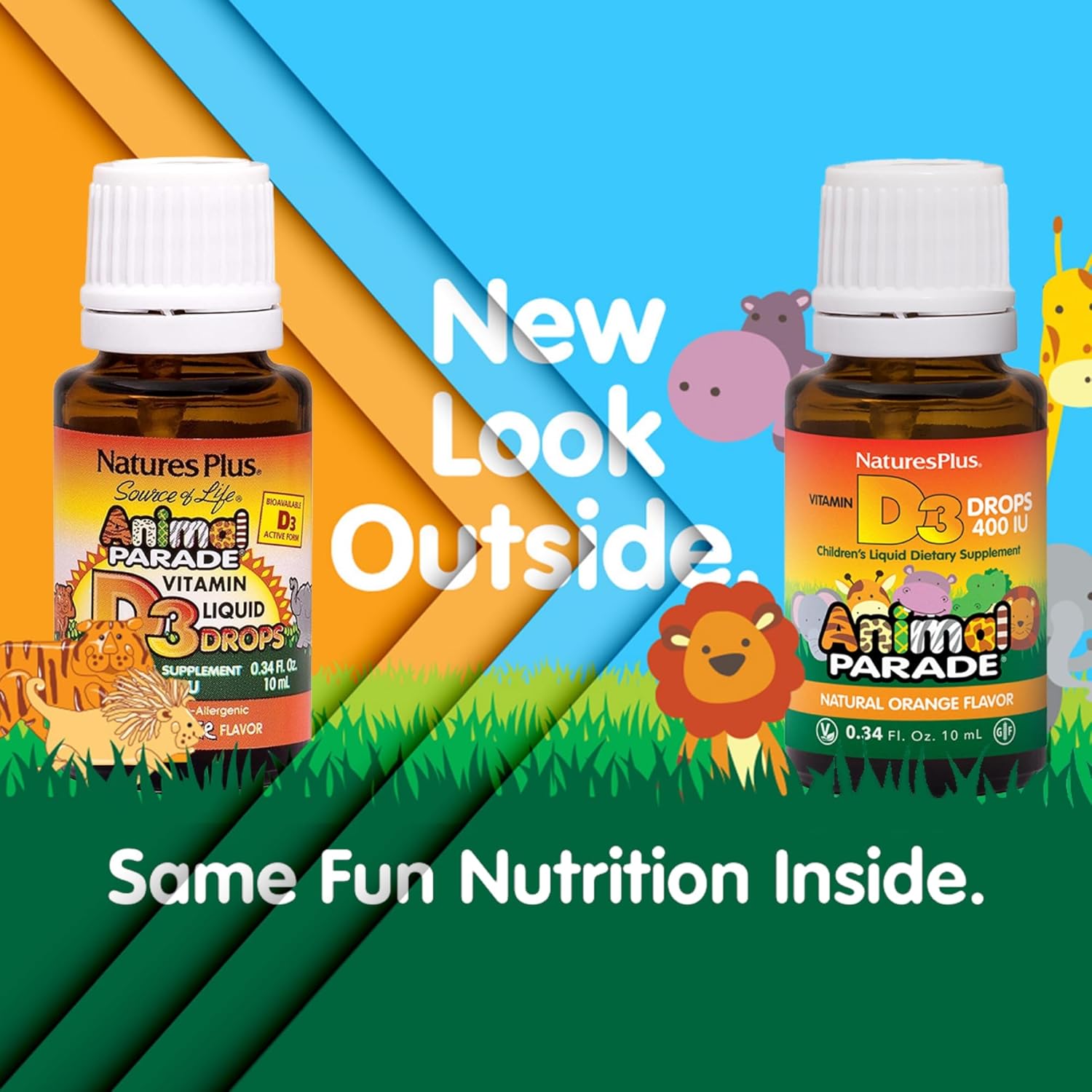 NaturesPlus Animal Parade Liquid Vitamin D3 Drops for Kids - 200 iu, 10 ML - Orange Flavor - Bone & Immune Health Support - Gluten-Free, Vegetarian - 365 Servings