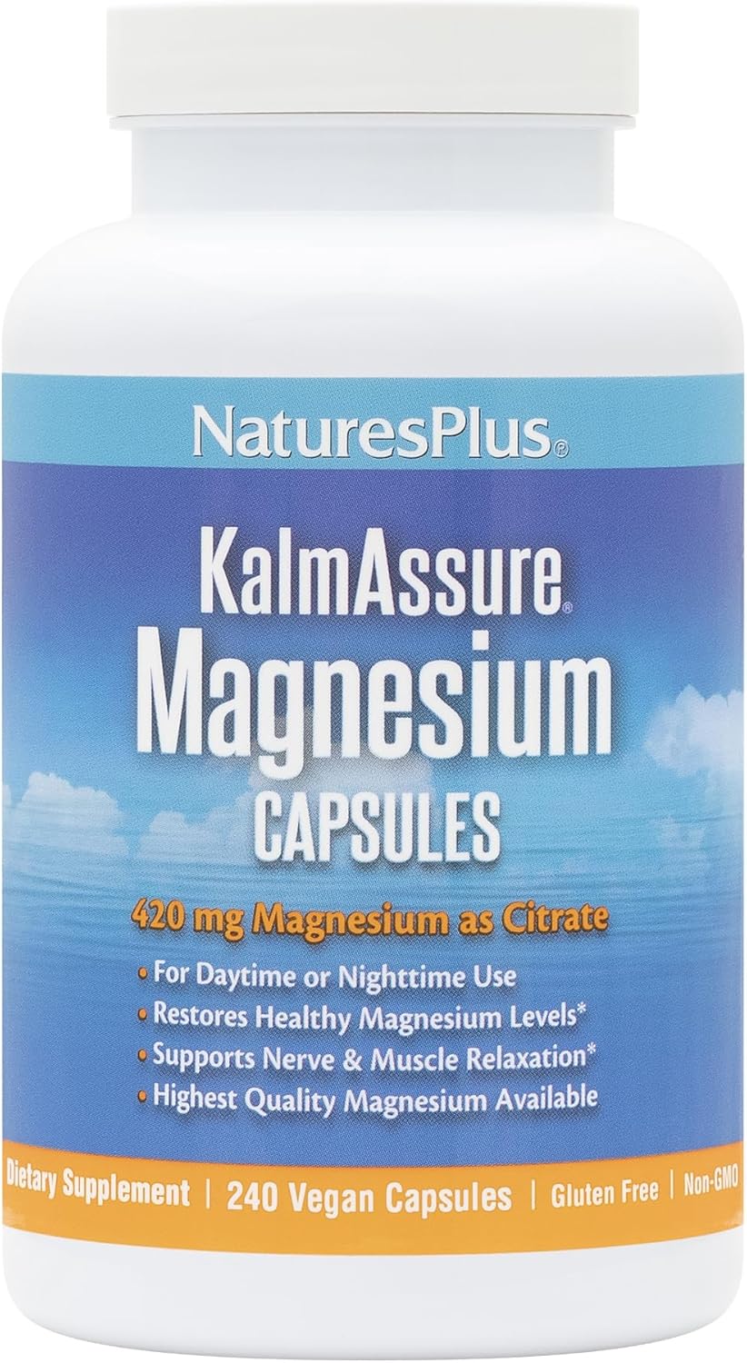 NaturesPlus KalmAssure Magnesium Capsules - 240 Vegan Capsules - Bioavailable Magnesium Citrate - Supports Nerve & Muscle Relaxation