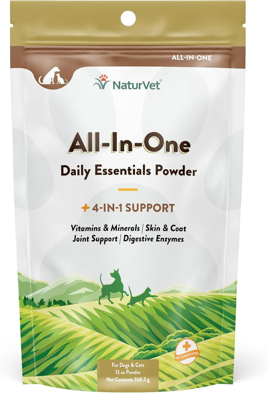 NaturVet All-in-One Dog Supplement for Joint Support, Digestion, Skin & Coat Care - Multivitamins with Omega-3, 6, 9 & Minerals - Wheat-Free Powder - 13oz.