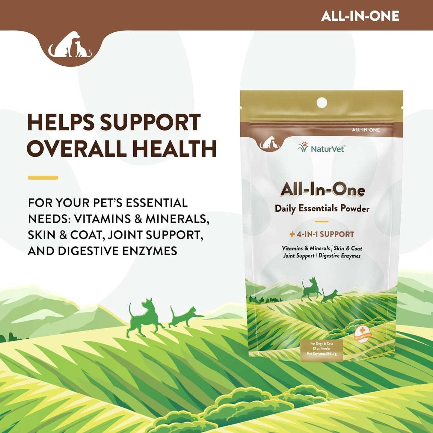 NaturVet All-in-One Dog Supplement for Joint Support, Digestion, Skin & Coat Care - Multivitamins with Omega-3, 6, 9 & Minerals - Wheat-Free Powder - 13oz.