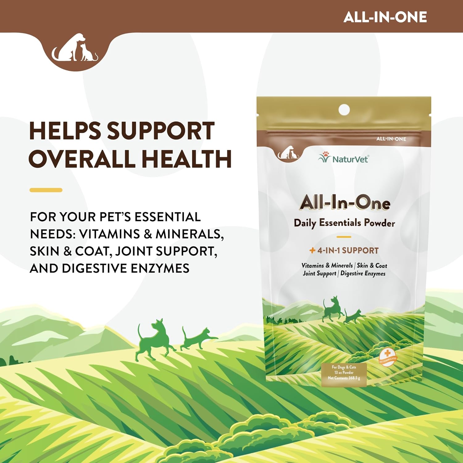 NaturVet All-in-One Dog Supplement for Joint Support, Digestion, Skin & Coat Care - Multivitamins with Omega-3, 6, 9 & Minerals - Wheat-Free Powder - 13oz.