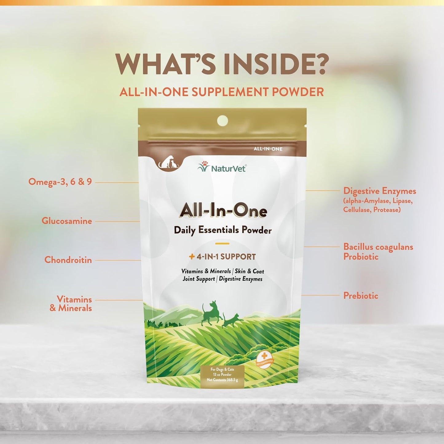 NaturVet All-in-One Dog Supplement for Joint Support, Digestion, Skin & Coat Care - Multivitamins with Omega-3, 6, 9 & Minerals - Wheat-Free Powder - 13oz.