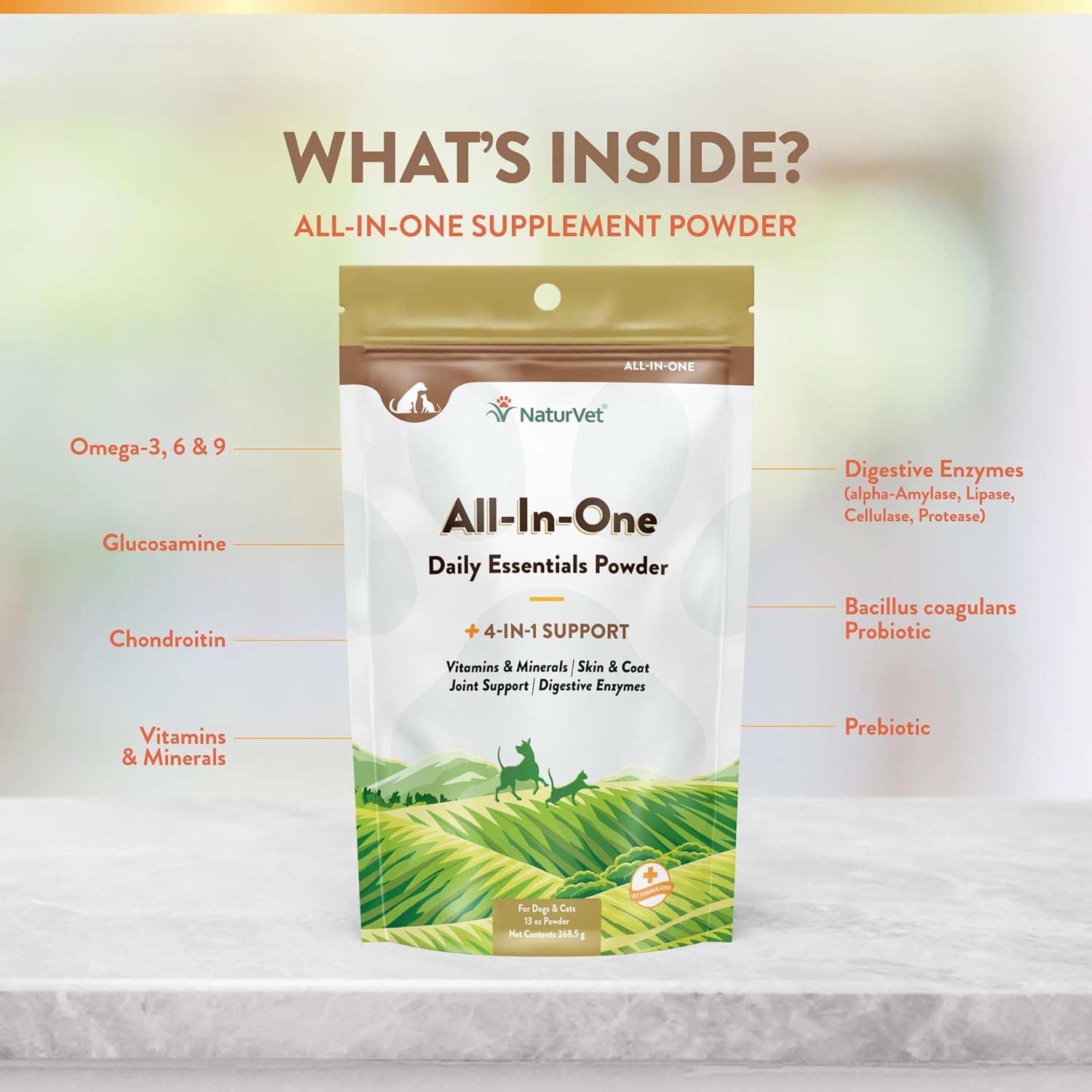 NaturVet All-in-One Dog Supplement for Joint Support, Digestion, Skin & Coat Care - Multivitamins with Omega-3, 6, 9 & Minerals - Wheat-Free Powder - 13oz.