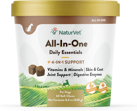 NaturVet All-in-One Dog Supplement with Joint Support, Digestion, Skin, Coat Care - 60 Soft Chews