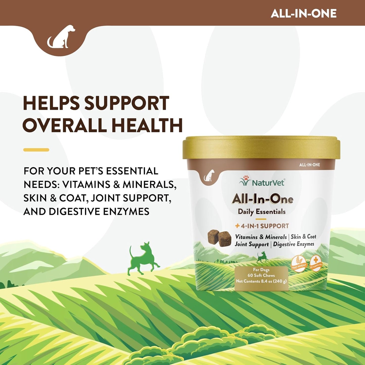 NaturVet All-in-One Dog Supplement with Joint Support, Digestion, Skin, Coat Care - 60 Soft Chews