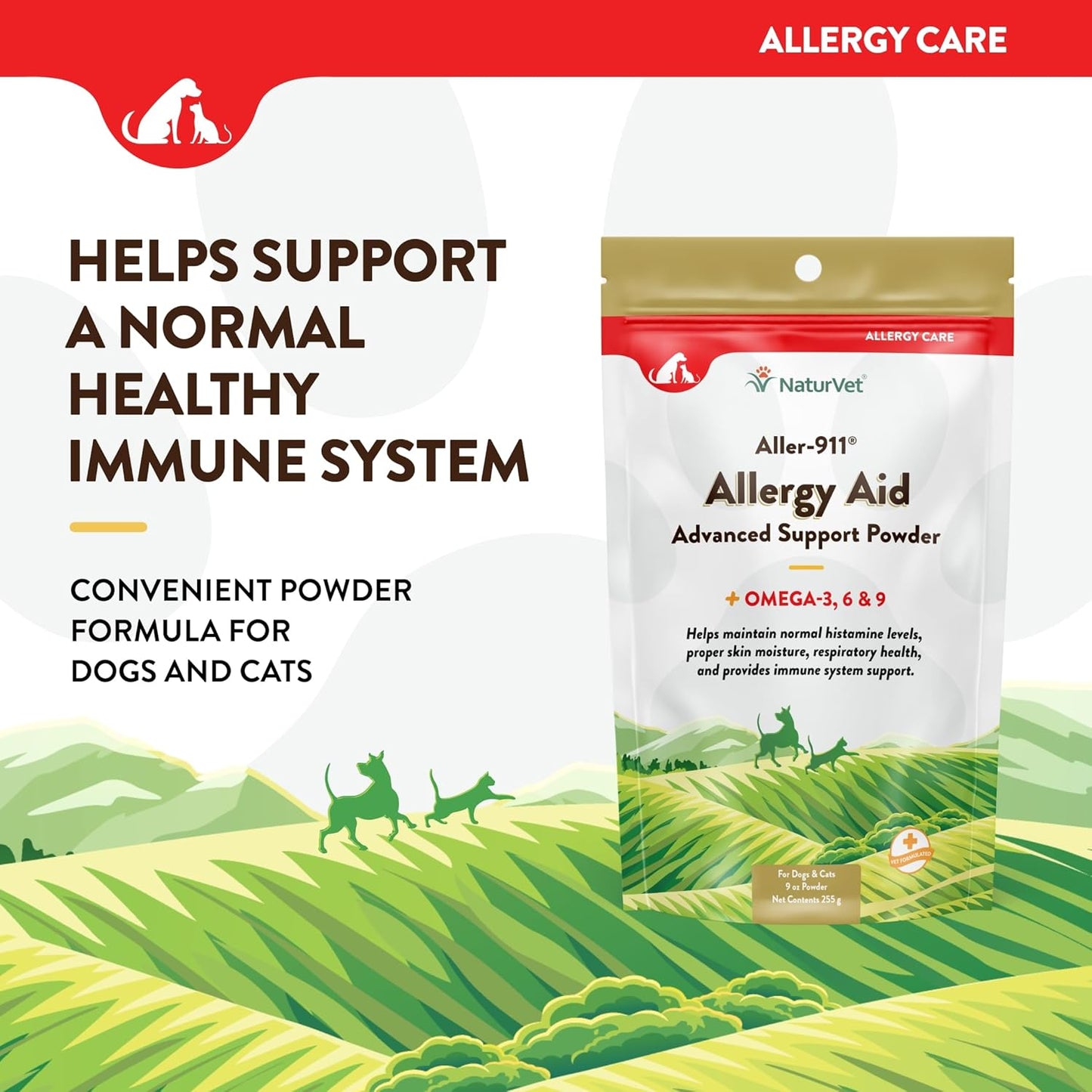 NaturVet Aller-911 Advanced Allergy Aid Powder for Dogs and Cats - 9 oz USA-Made Formula with Antioxidants