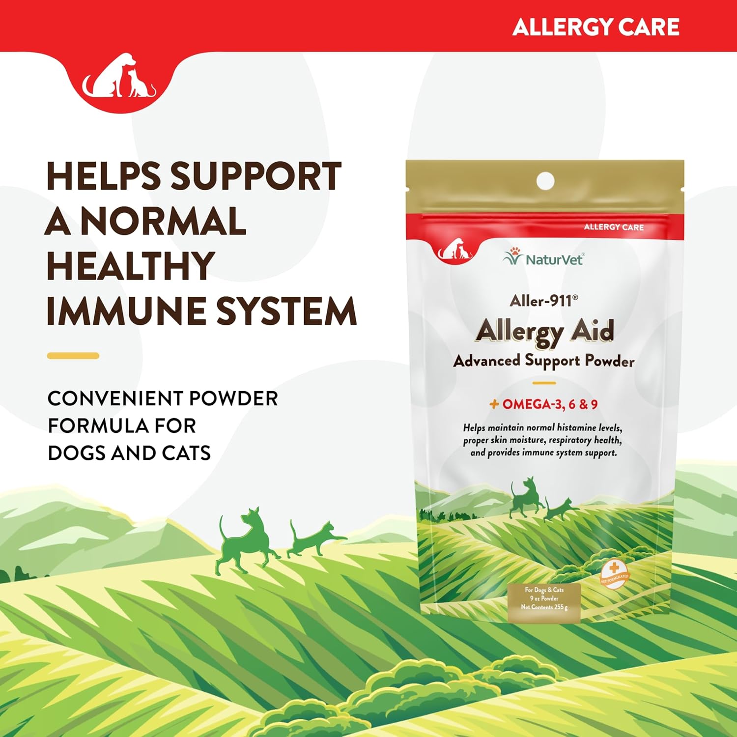 NaturVet Aller-911 Advanced Allergy Aid Powder for Dogs and Cats - 9 oz USA-Made Formula with Antioxidants