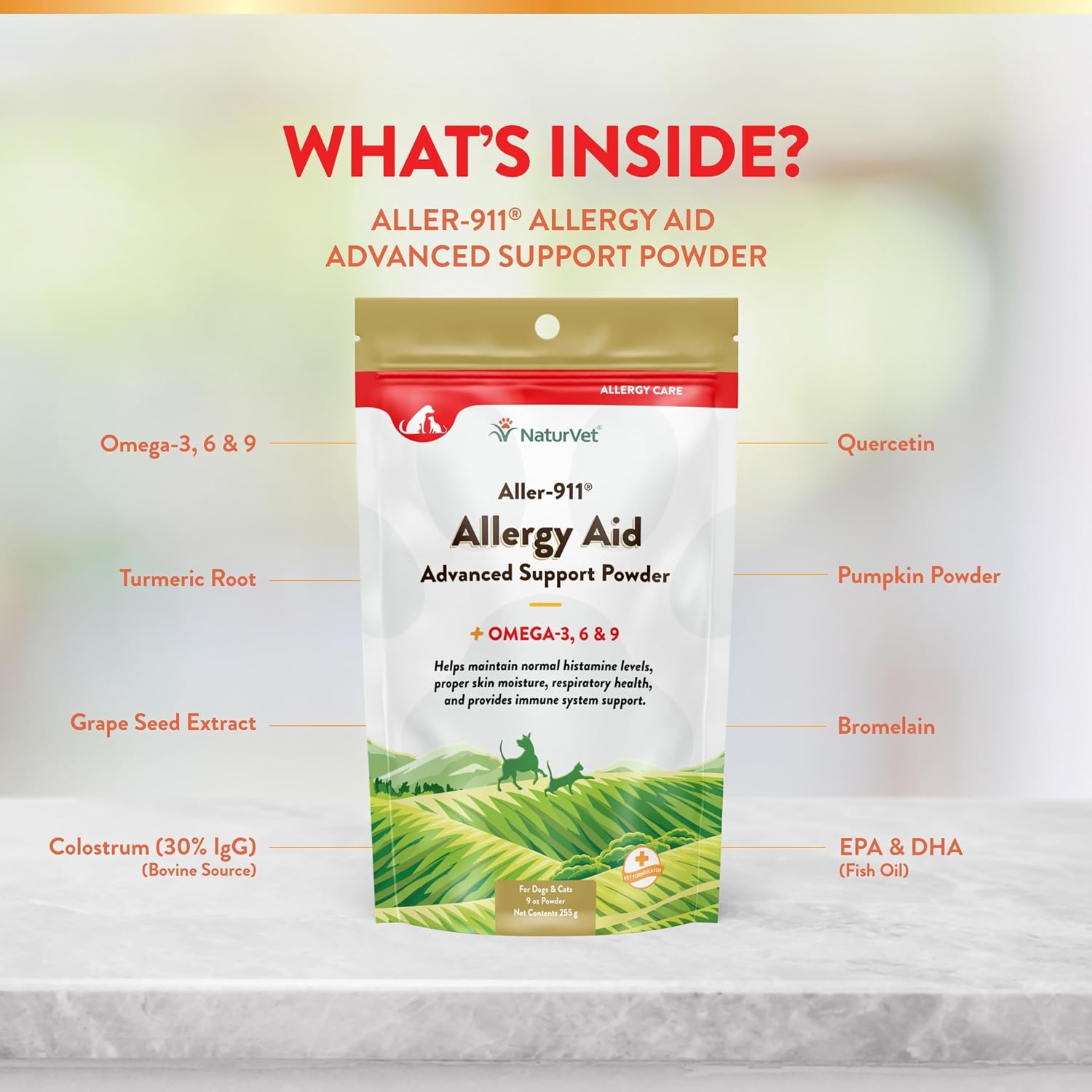 NaturVet Aller-911 Advanced Allergy Aid Powder for Dogs and Cats - 9 oz USA-Made Formula with Antioxidants