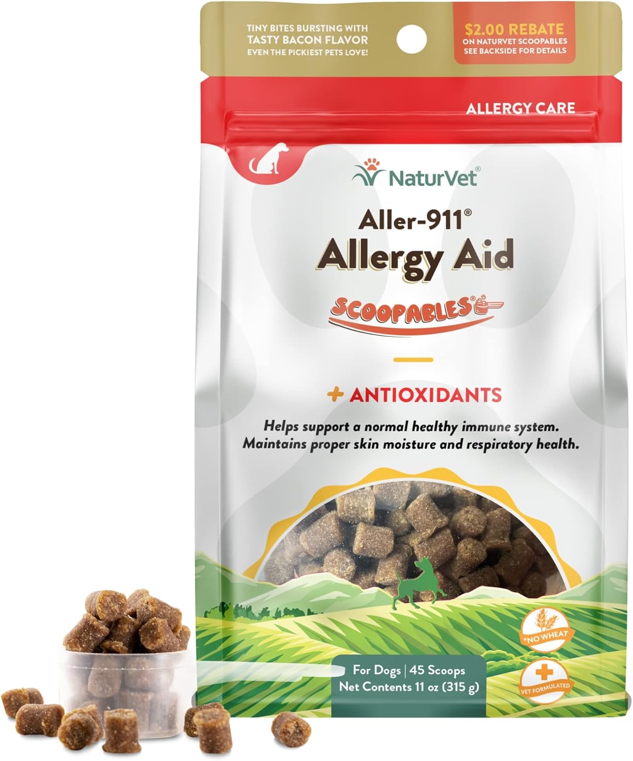 NaturVet Aller-911 Dog Allergy Support Vitamins - Immunity & Seasonal Allergies - Hickory Smoked Bacon Flavor - 11oz Bag