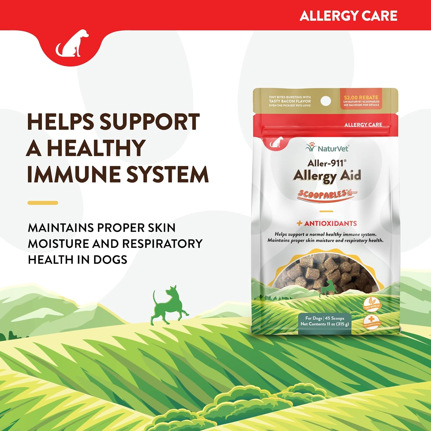 NaturVet Aller-911 Dog Allergy Support Vitamins - Immunity & Seasonal Allergies - Hickory Smoked Bacon Flavor - 11oz Bag
