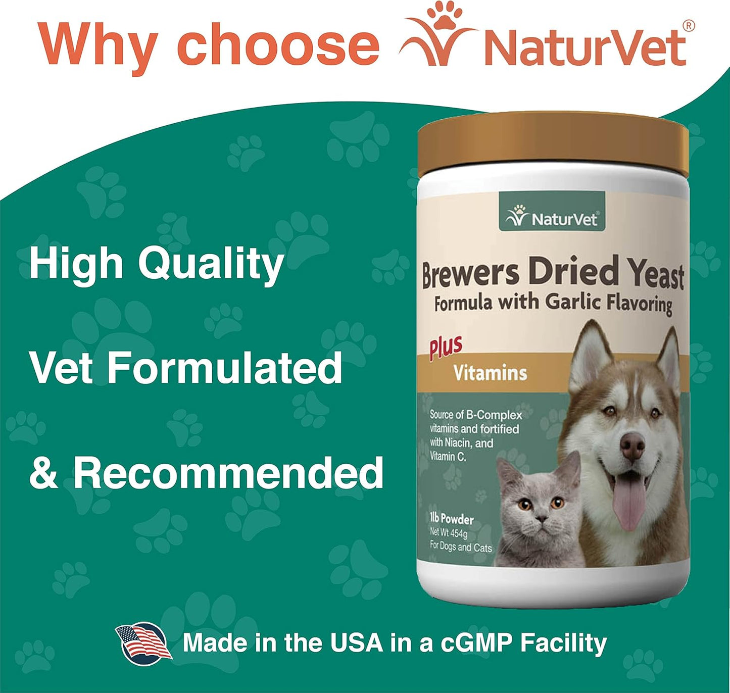 NaturVet Brewers Dried Yeast Formula with Garlic Flavoring and Vitamins for Dogs and Cats, 1 lb - Made in USA