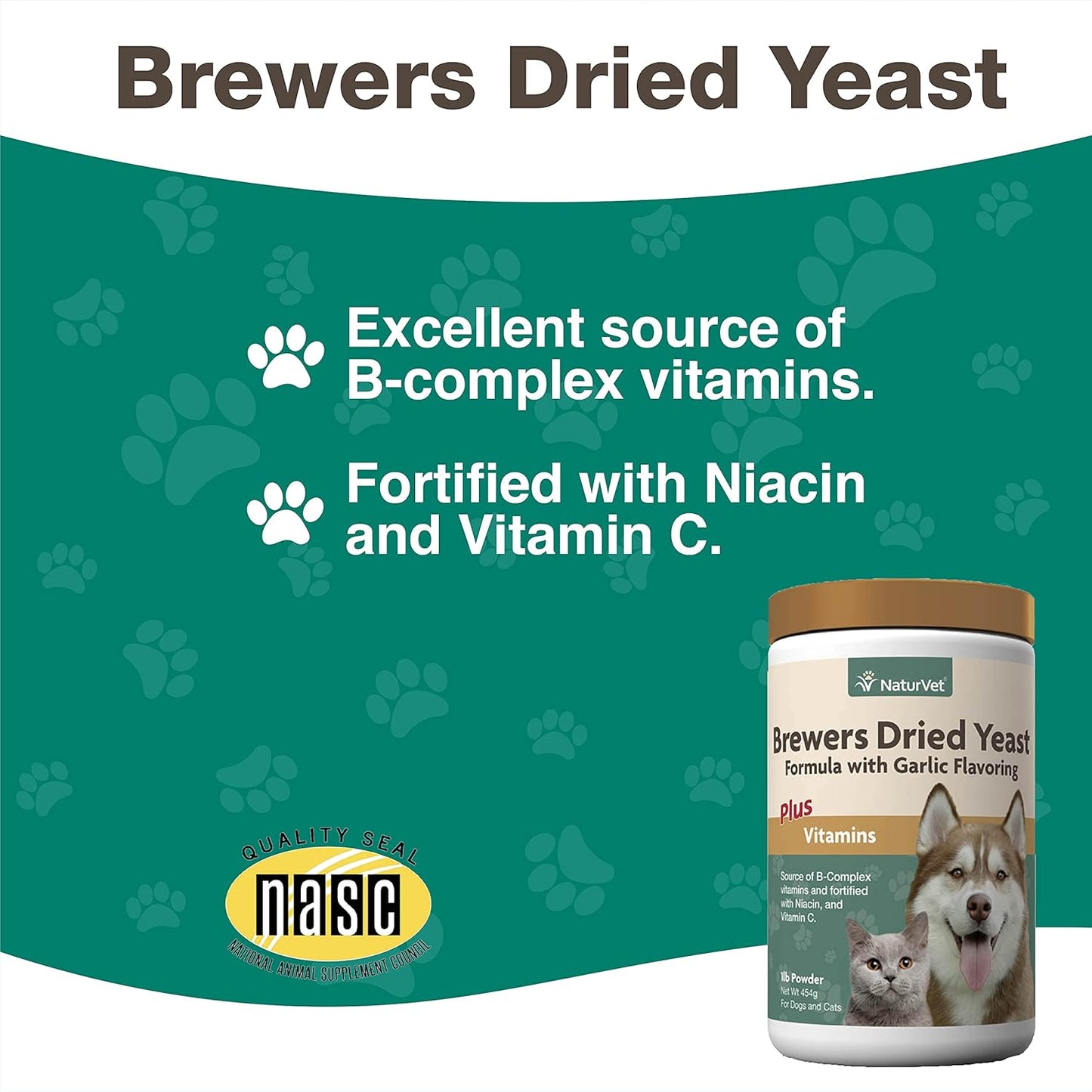 NaturVet Brewers Dried Yeast Formula with Garlic Flavoring and Vitamins for Dogs and Cats, 1 lb - Made in USA