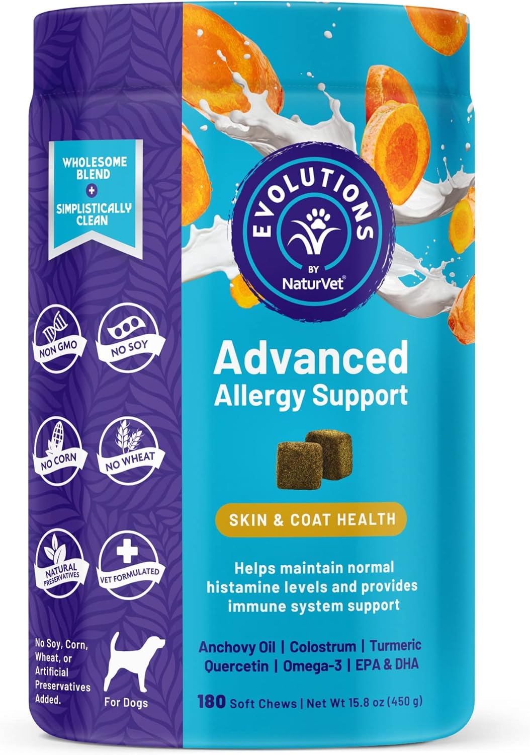 NaturVet Evolutions Advanced Allergy Support Soft Chews for Dogs - 180ct Omega-3, Turmeric, Probiotic - Maintain Normal Histamine Levels