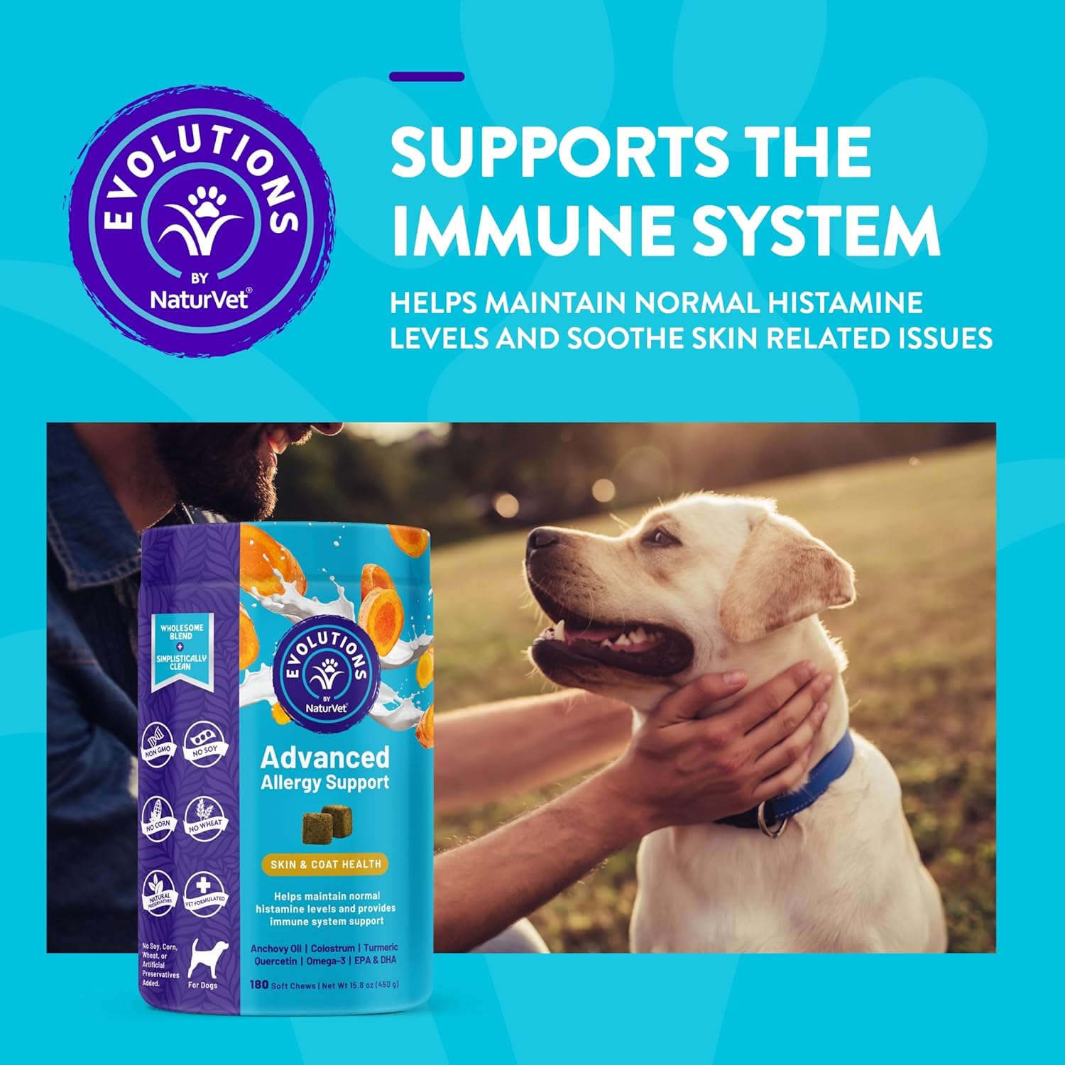 NaturVet Evolutions Advanced Allergy Support Soft Chews for Dogs - 180ct Omega-3, Turmeric, Probiotic - Maintain Normal Histamine Levels