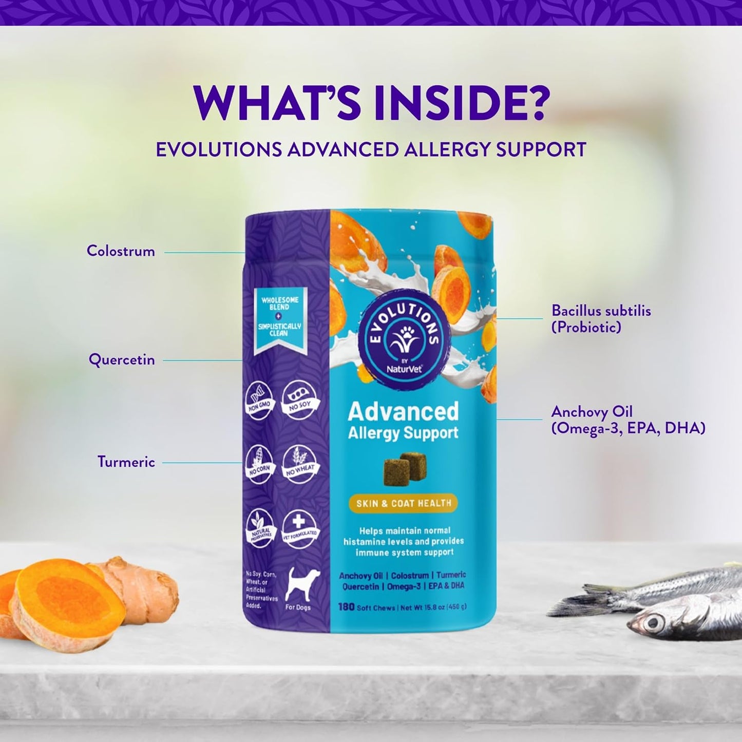 NaturVet Evolutions Advanced Allergy Support Soft Chews for Dogs - 180ct Omega-3, Turmeric, Probiotic - Maintain Normal Histamine Levels