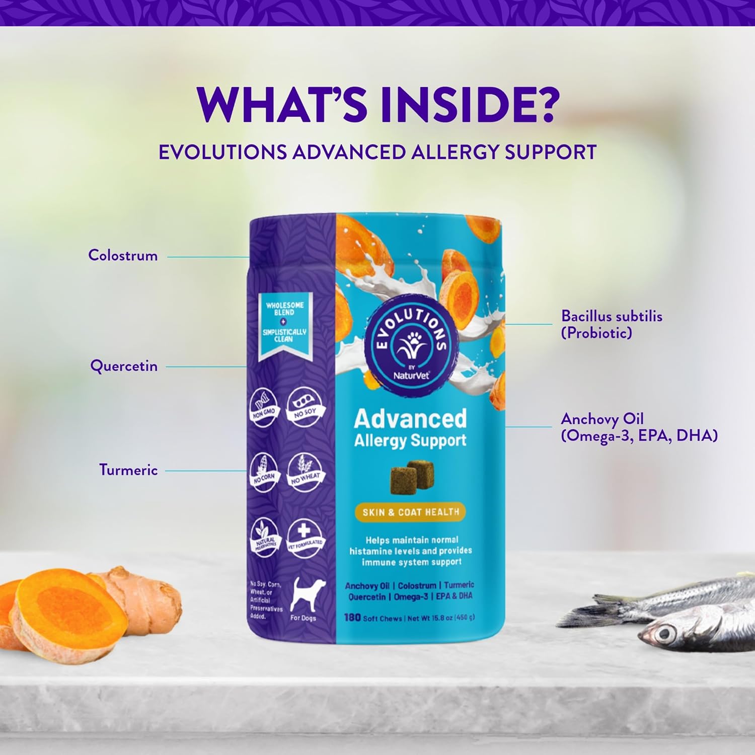 NaturVet Evolutions Advanced Allergy Support Soft Chews for Dogs - 180ct Omega-3, Turmeric, Probiotic - Maintain Normal Histamine Levels