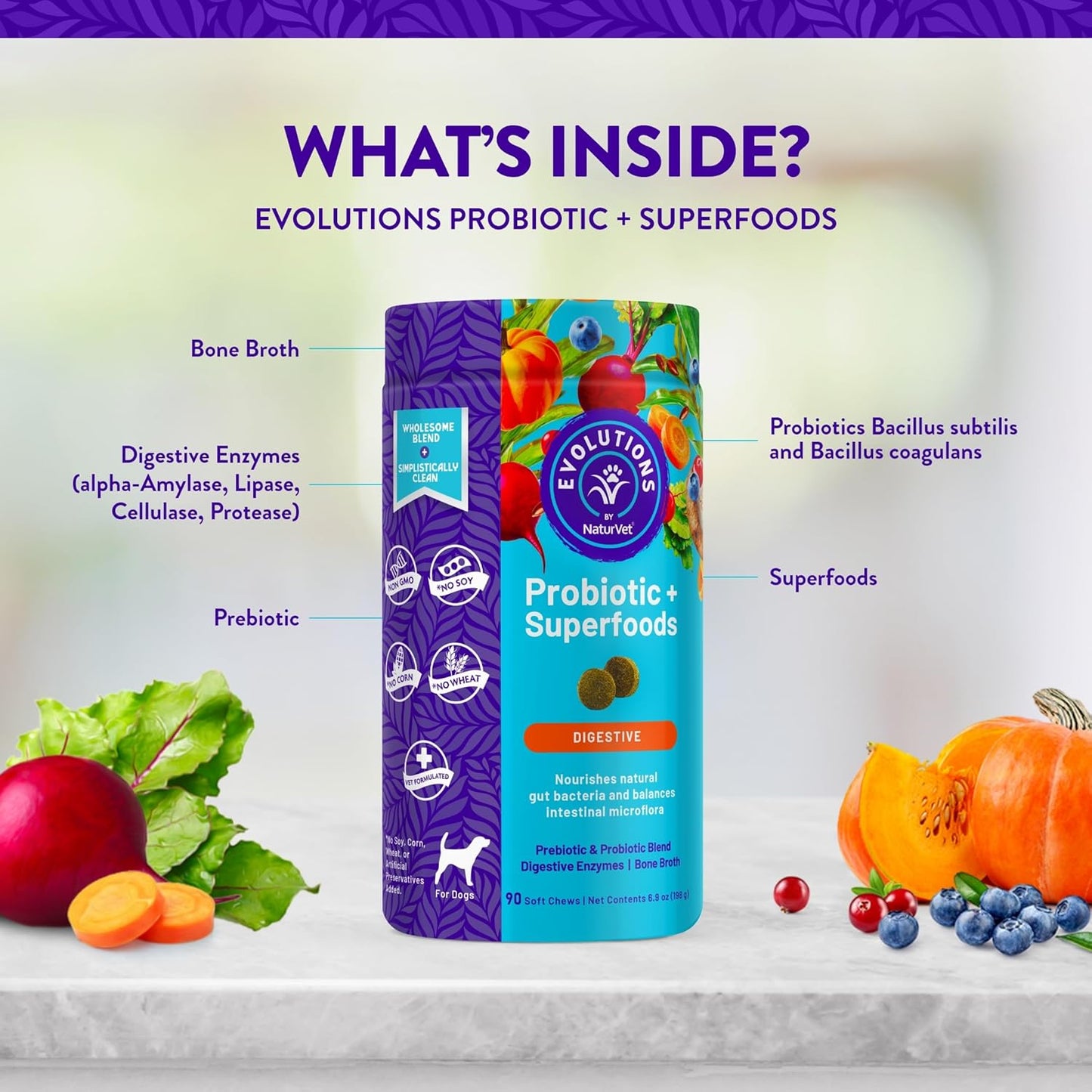 NaturVet Evolutions Probiotic & Superfoods Soft Chews for Dogs - Prebiotic & Probiotic Blend, Digestive Enzymes, Bone Broth, Omega’s - Support Gut Health and Intestinal Flora - 90ct - BoostGo Australia
