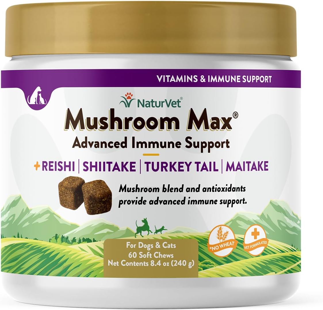 NaturVet Mushroom Max Immune Support Supplement for Dogs - Enhances Immunity and Overall Health - 60 Ct. with Shitake, Reishi, Turkey Tail