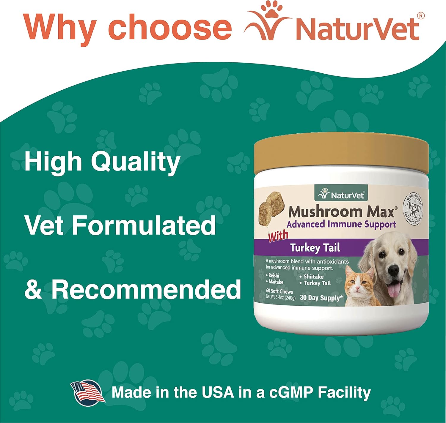NaturVet Mushroom Max Immune Support Supplement for Dogs - Enhances Immunity and Overall Health - 60 Ct. with Shitake, Reishi, Turkey Tail