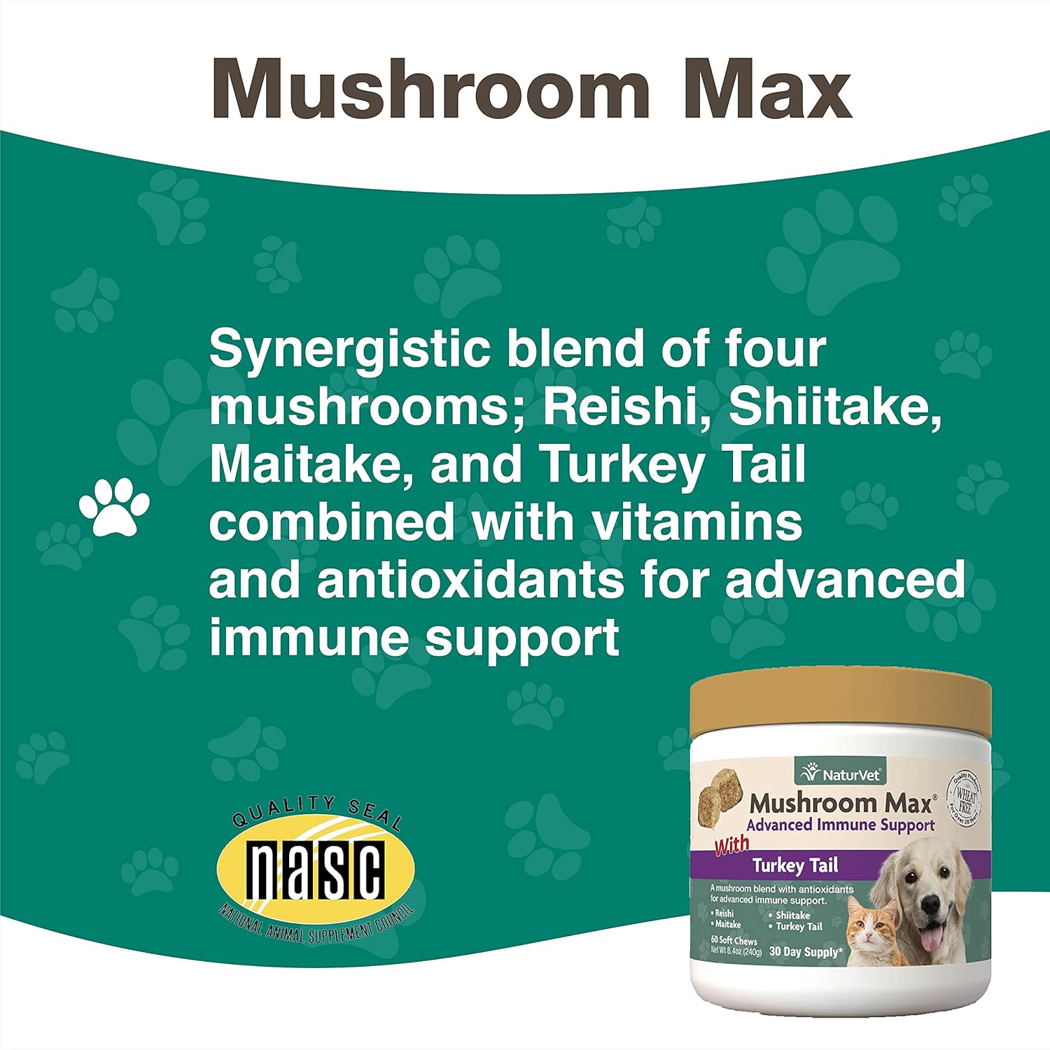 NaturVet Mushroom Max Immune Support Supplement for Dogs - Enhances Immunity and Overall Health - 60 Ct. with Shitake, Reishi, Turkey Tail