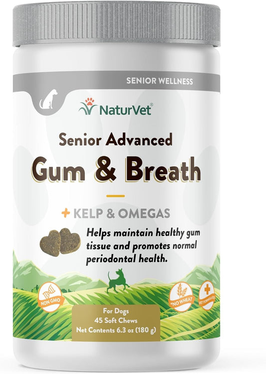NaturVet Senior Advanced Dog Supplement for Periodontal Health and Fresh Breath - 45 Soft Chews with Peppermint and Parsley Leaf
