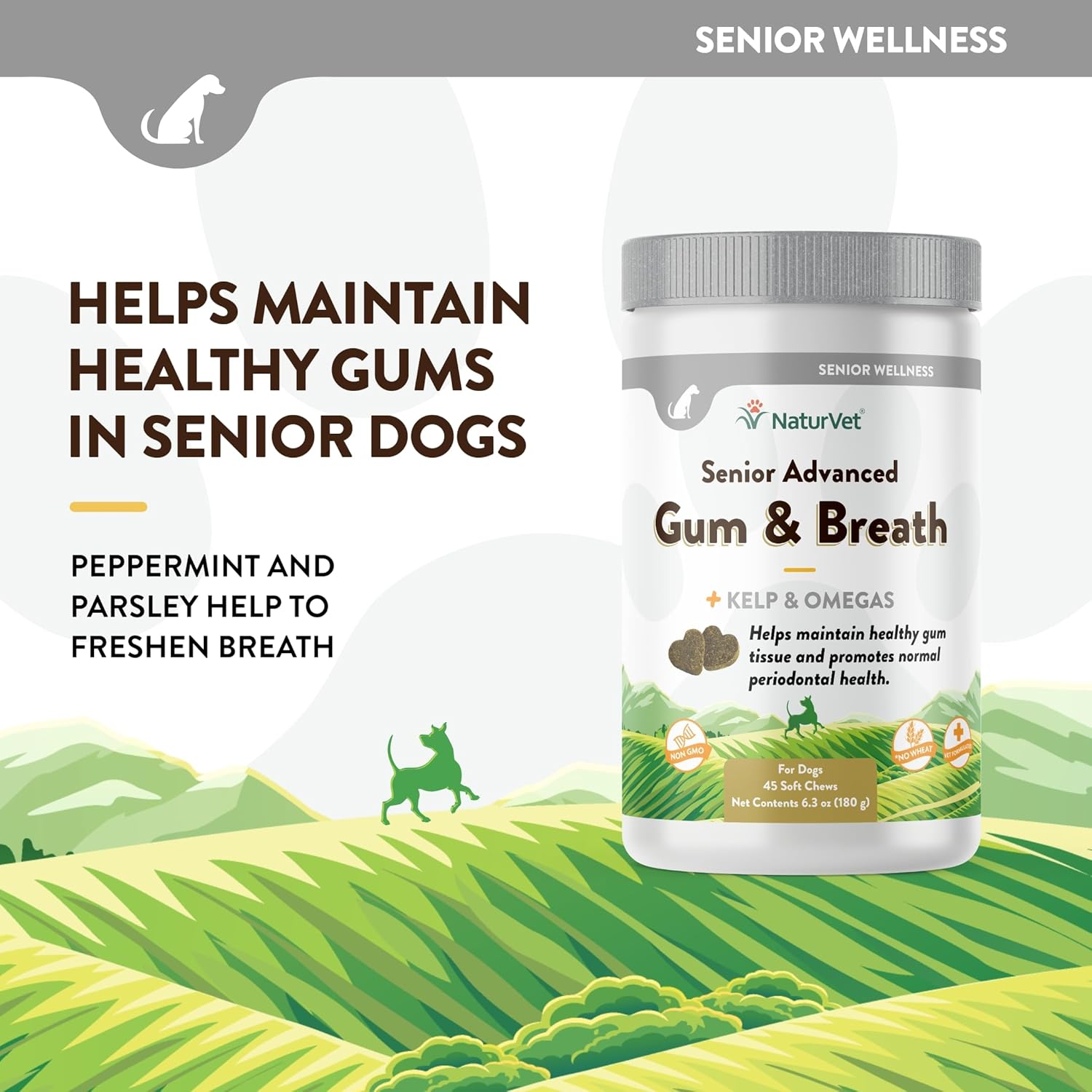 NaturVet Senior Advanced Dog Supplement for Periodontal Health and Fresh Breath - 45 Soft Chews with Peppermint and Parsley Leaf