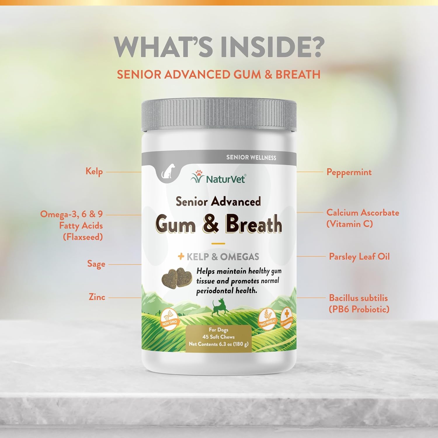 NaturVet Senior Advanced Dog Supplement for Periodontal Health and Fresh Breath - 45 Soft Chews with Peppermint and Parsley Leaf