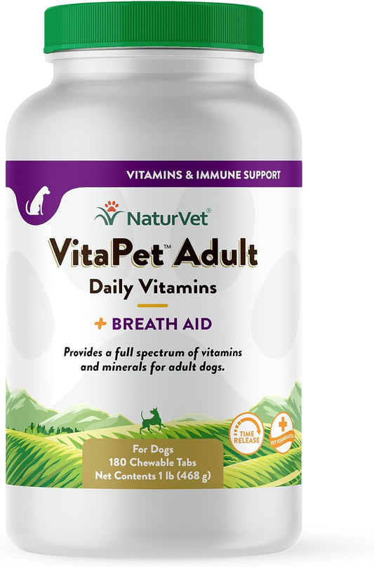 NaturVet VitaPet Adult Daily Vitamins for Dogs with Breath Aid - Omega-6 Fatty Acids - 180 Chewable Tablets