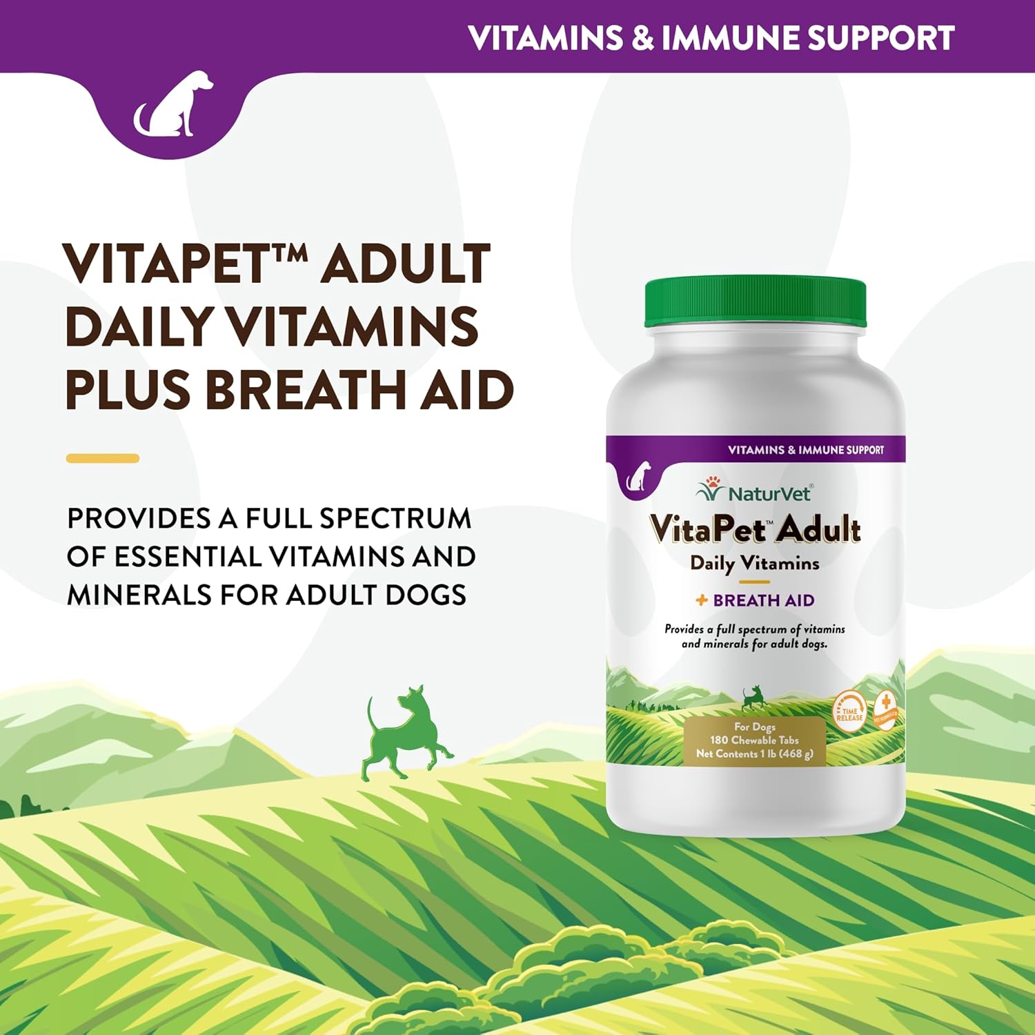 NaturVet VitaPet Adult Daily Vitamins for Dogs with Breath Aid - Omega-6 Fatty Acids - 180 Chewable Tablets
