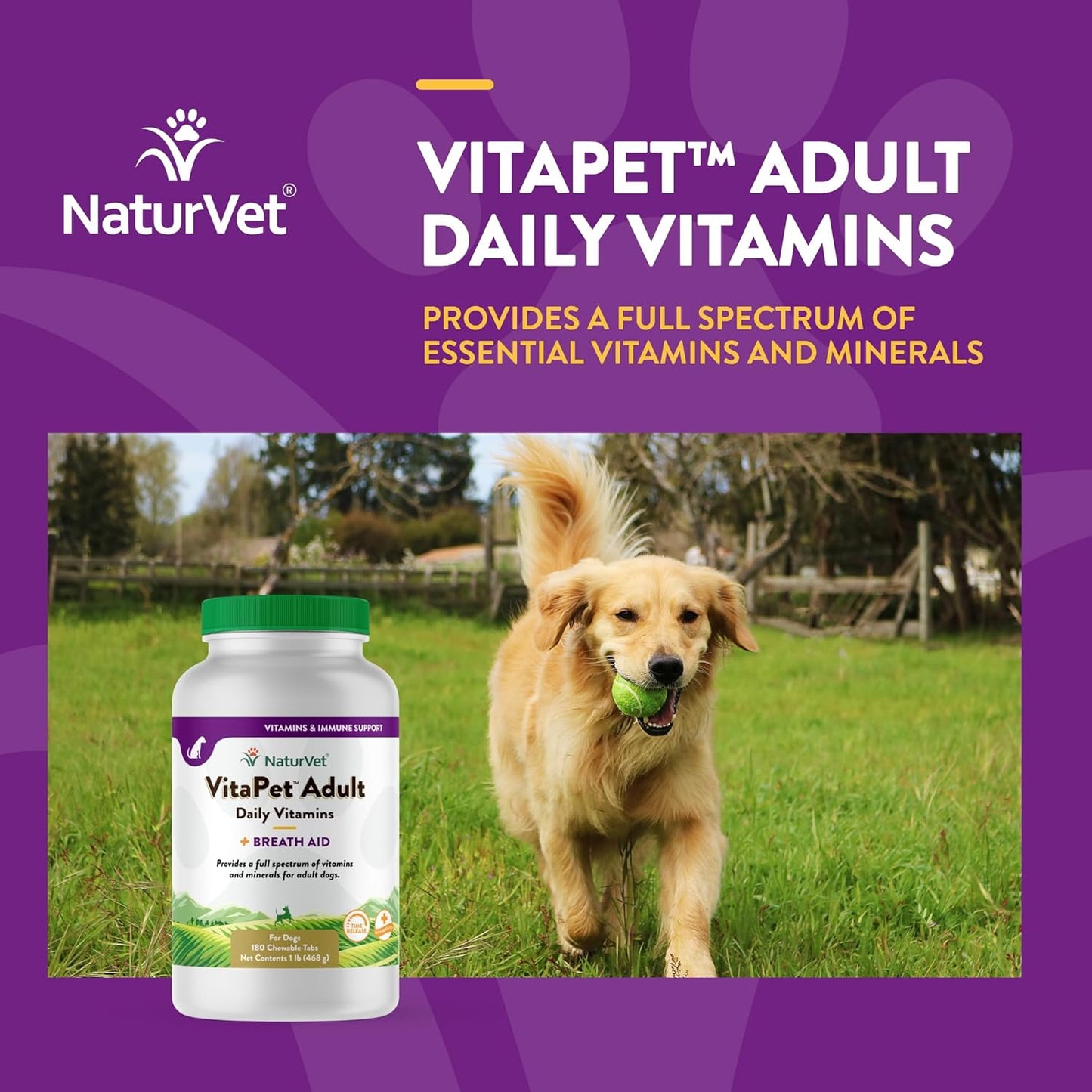 NaturVet VitaPet Adult Daily Vitamins for Dogs with Breath Aid - Omega-6 Fatty Acids - 180 Chewable Tablets