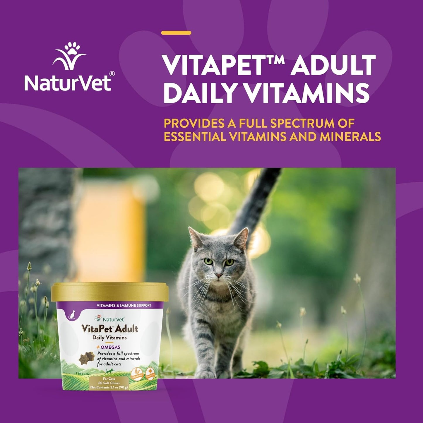 NaturVet VitaPet Adult Daily Vitamins Plus Omegas Soft Chews for Cats - 60 ct, USA Made with Global Ingredients