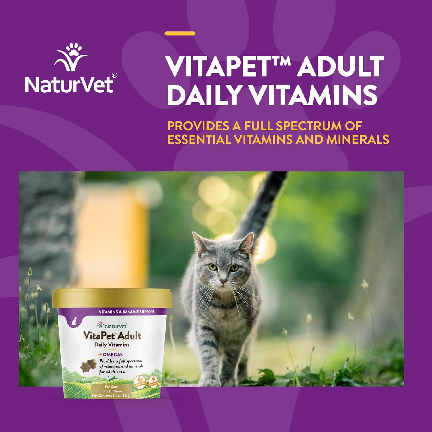 NaturVet VitaPet Adult Daily Vitamins Plus Omegas Soft Chews for Cats - 60 ct, USA Made with Global Ingredients