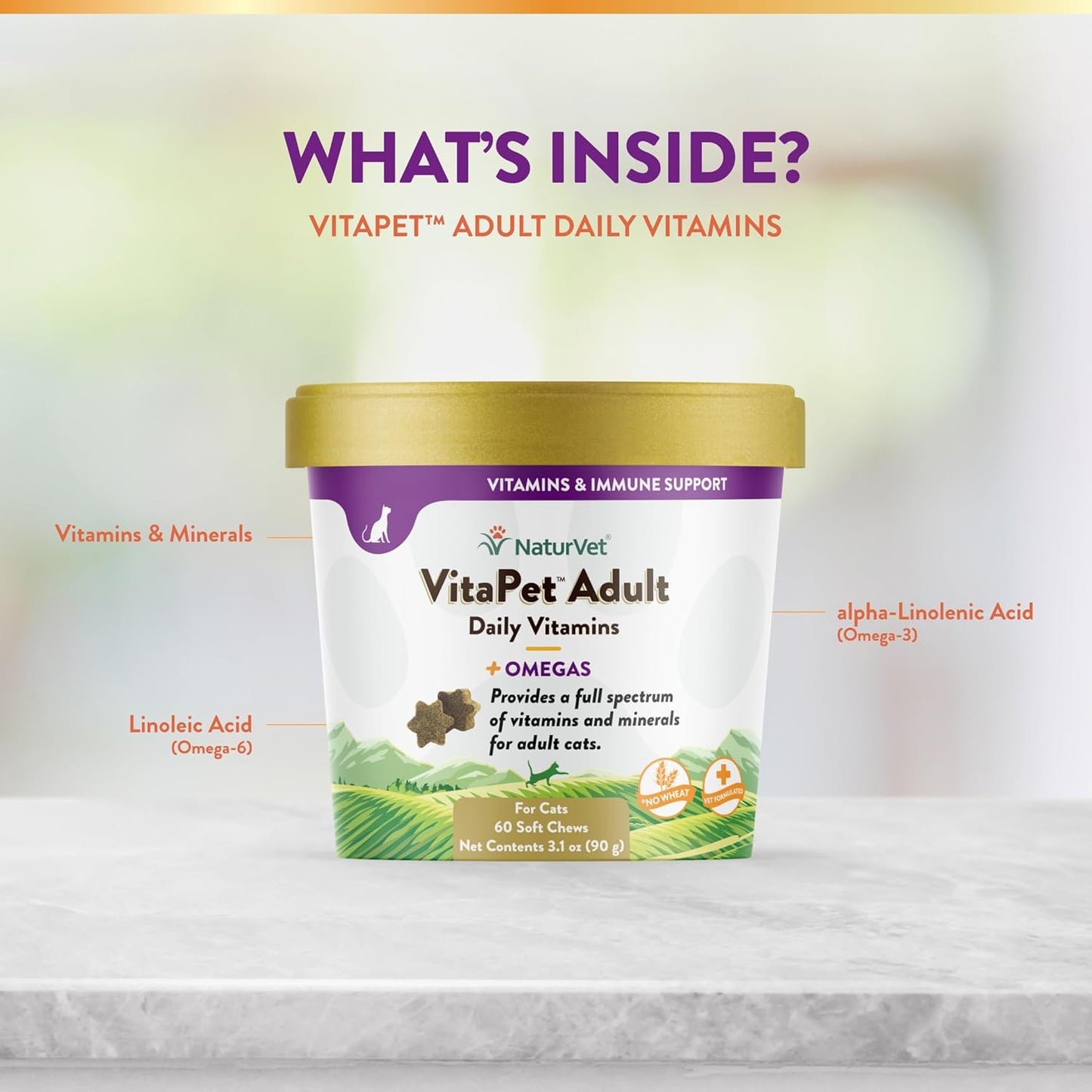 NaturVet VitaPet Adult Daily Vitamins Plus Omegas Soft Chews for Cats - 60 ct, USA Made with Global Ingredients