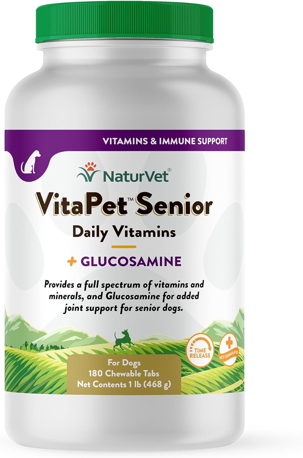 NaturVet VitaPet Senior Daily Vitamins with Glucosamine for Dogs, 180 Chewable Tablets, Time Release Formula, Made in the USA
