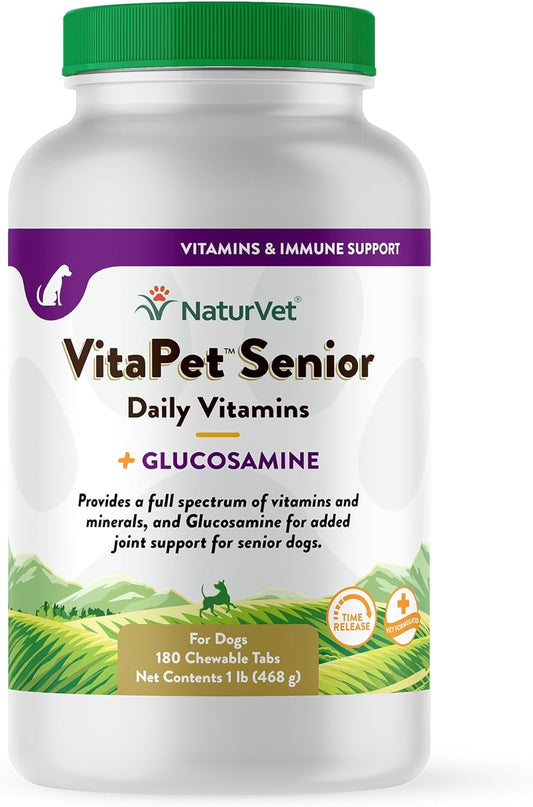 NaturVet VitaPet Senior Daily Vitamins with Glucosamine for Dogs, 180 Chewable Tablets, Time Release Formula, Made in the USA